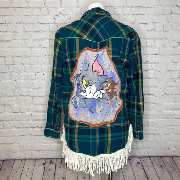 American Eagle Outfitters Tops - American Eagle Boyfriend Fit Tom and Jerry Green Plaid Shirt with Fringe Size M